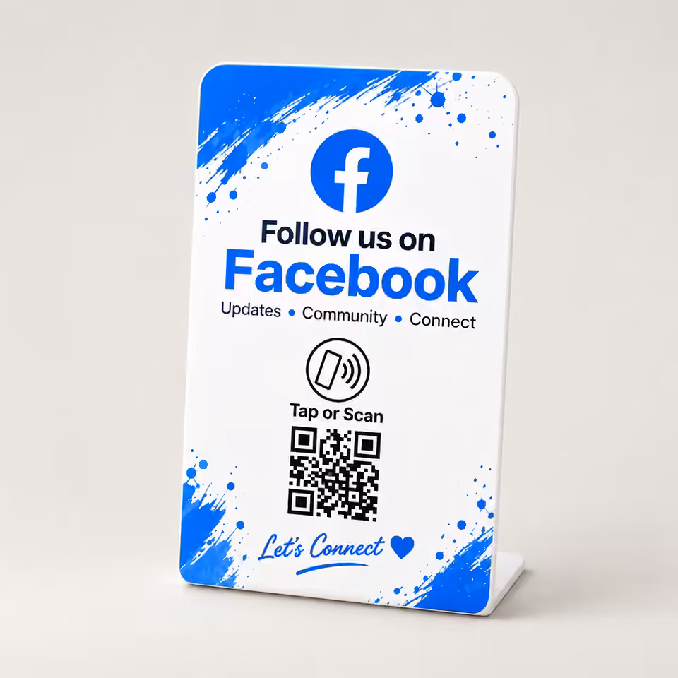 Facebook Follow Stand in Blue Splash design with NFC tap symbol and QR code