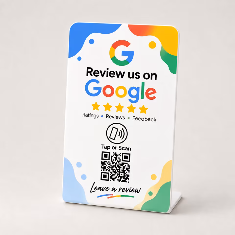 Google Review Stand in Color Splash design with NFC tap symbol and QR code