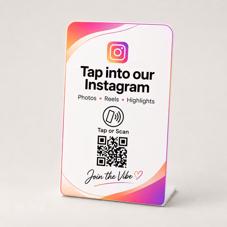 Instagram Follow Stand in Sunset Ribbon design with NFC tap symbol and QR code