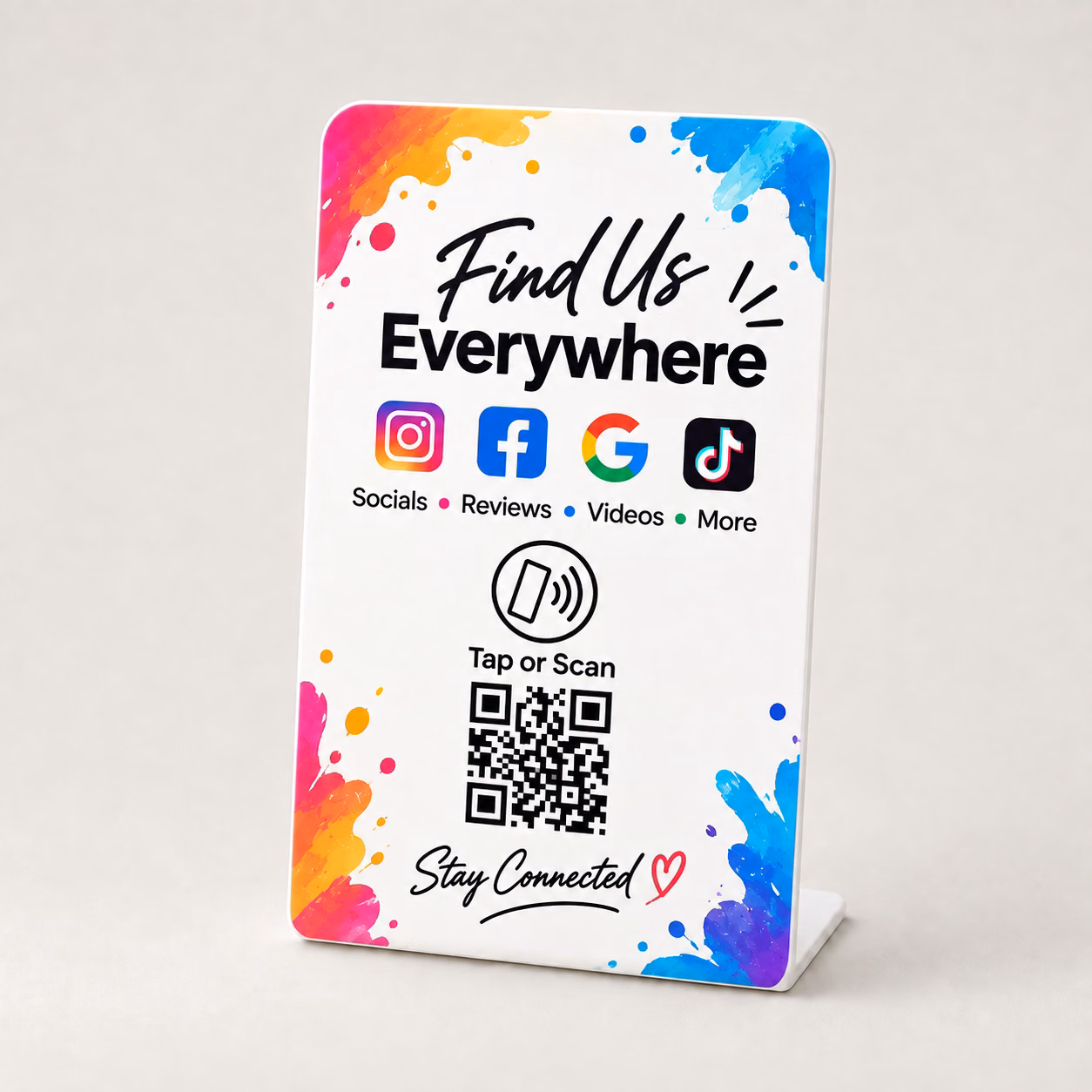 Only One Link Stand in Social Splash design with NFC tap symbol and QR code