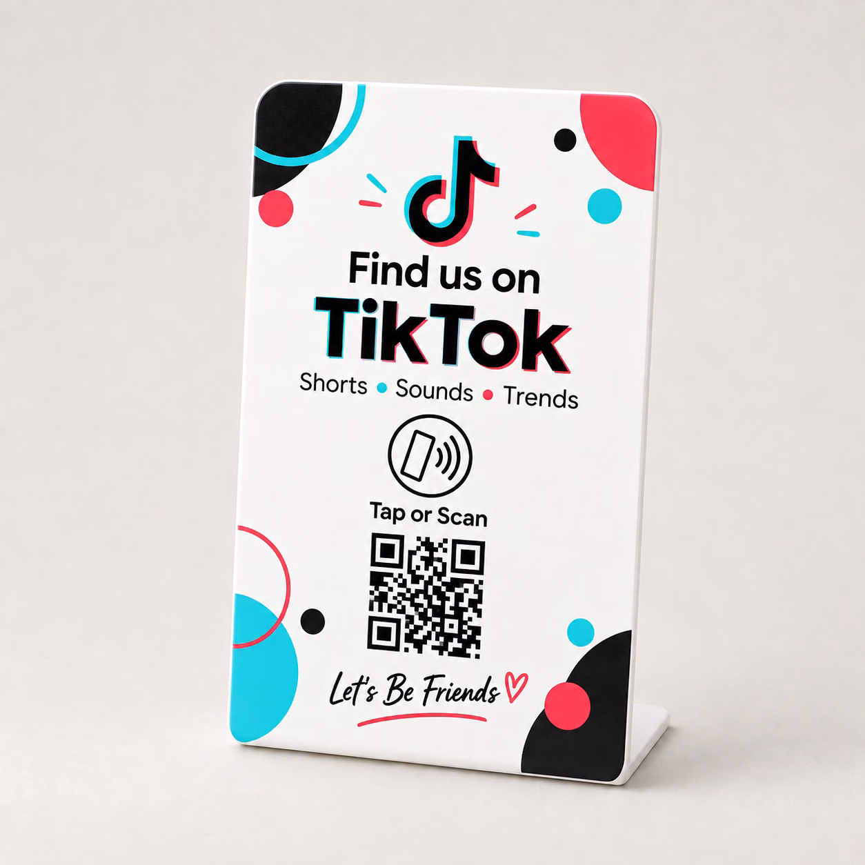 Tiktok Follow Stand in Neon Pop design with NFC tap symbol and QR code