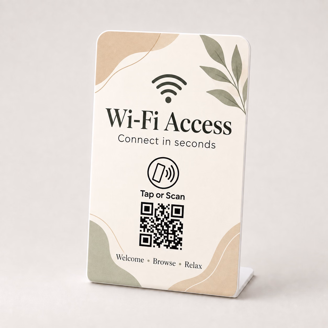 Wi-Fi Access Stand in Sand & Sage design with NFC tap symbol and QR code